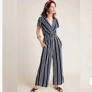 Anthropologie Navy and White Striped Wide-Leg Jumpsuit Dolan